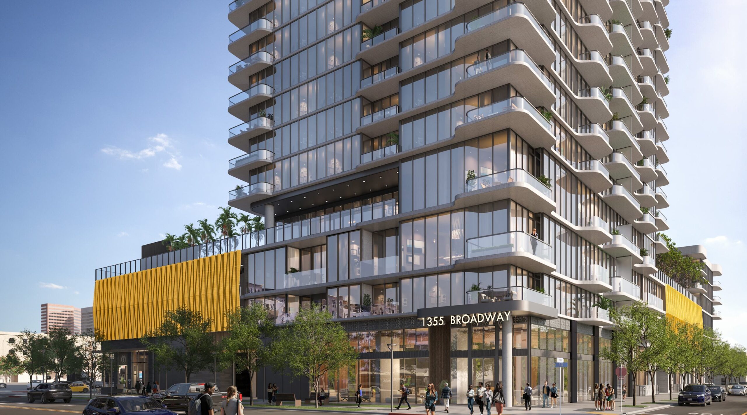 Close-up street view rendering of future Kilroy East Village residential tower at 1350 Broadway