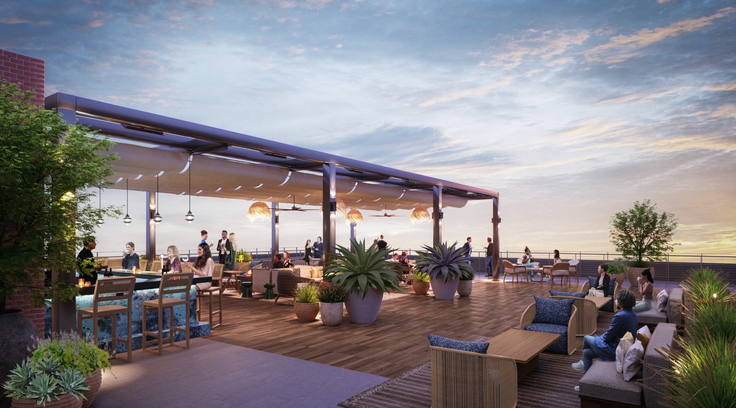Render of people enjoying the sunset and drinks at the Kettner Terrace in San Diego, CA