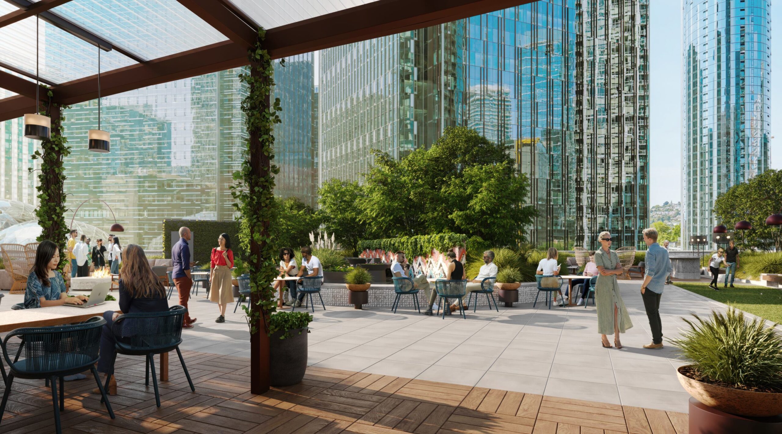 Render of people enjoying an outdoor patio space at The Terrace at West8 in Seattle, WA
